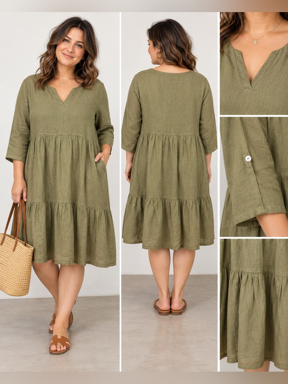 Bellambra Italy 100% Linen Olive Tiered Lagenlook Dress L